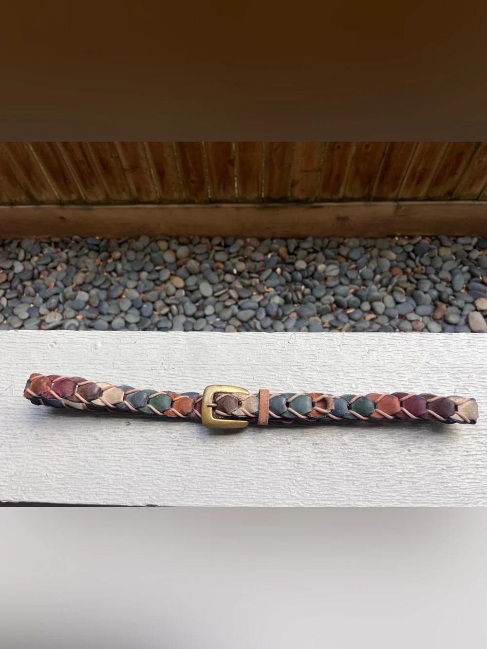 Vintage Multicolor Patchwork Leather Braided Belt Boho Western Brass Buckle 40”